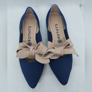 Rothys The Point Mary Jane Blue Flats Pink Bow Ballet Shoes Women's Size 8.5
